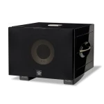 Black rectangular subwoofer with a large circular driver visible behind a matte front panel and a small crown emblem at the bottom center.
