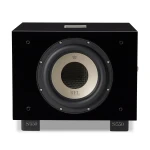Front view of a black REL S/550 subwoofer with a large circular driver and mounting screws
