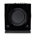 Black rectangular speaker with a large circular woofer exposed in the center, mounted on a stand against a white background.