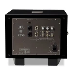 Rear panel of a REL S/550 sub bass system with multiple input/output connectors and control knobs visible, including high/low level and XLR connections plus power inlet.