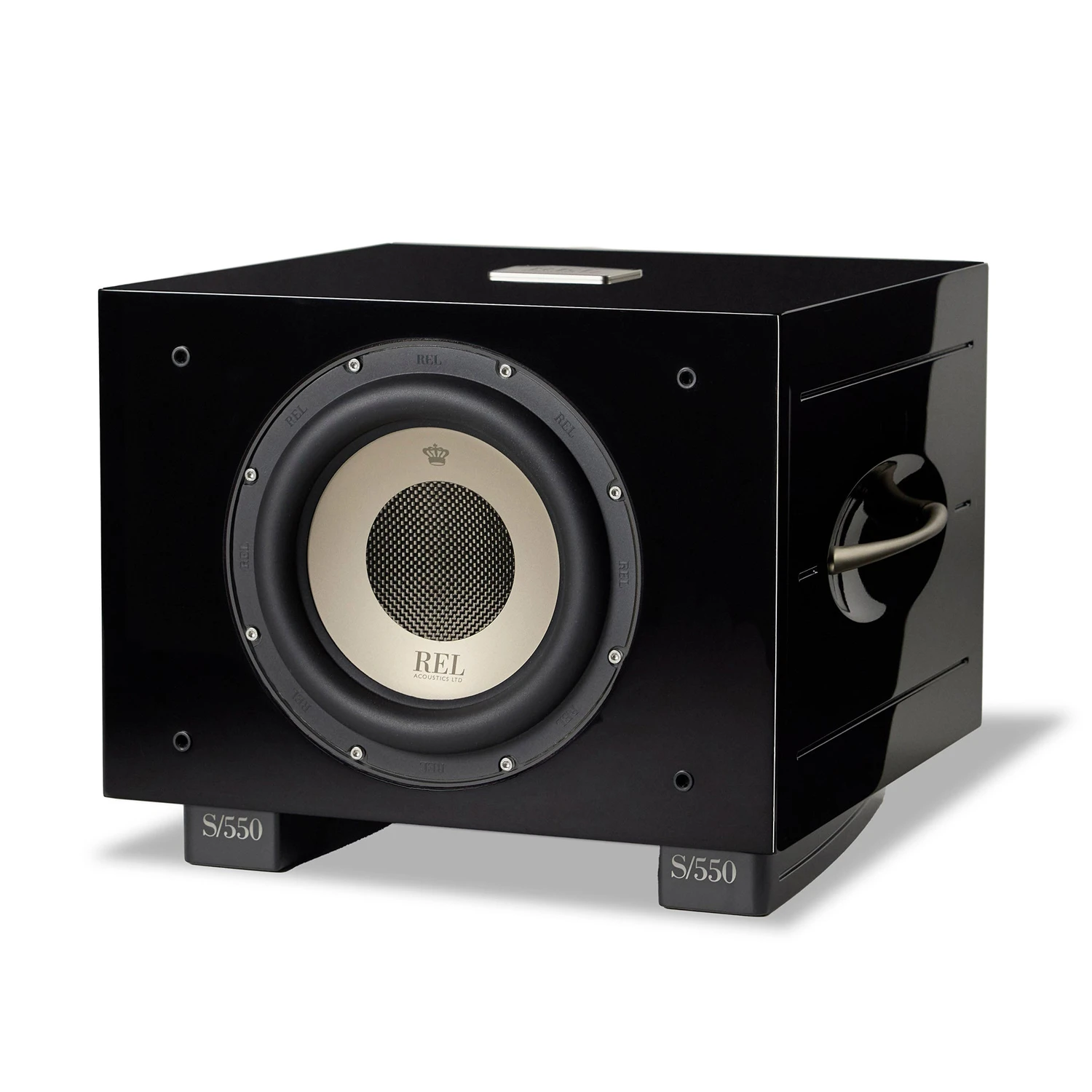 rel-s-550-cierna - Enigma High Fidelity Audio High-gloss black subwoofer with a large cream-colored driver center marked REL Acoustics, mounted on gray S/550 stands.