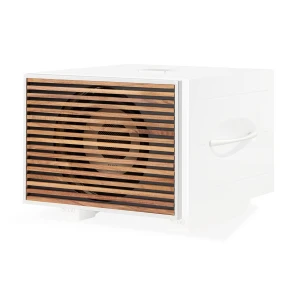 White rectangular air vent with wooden horizontal slats and a visible fan behind.