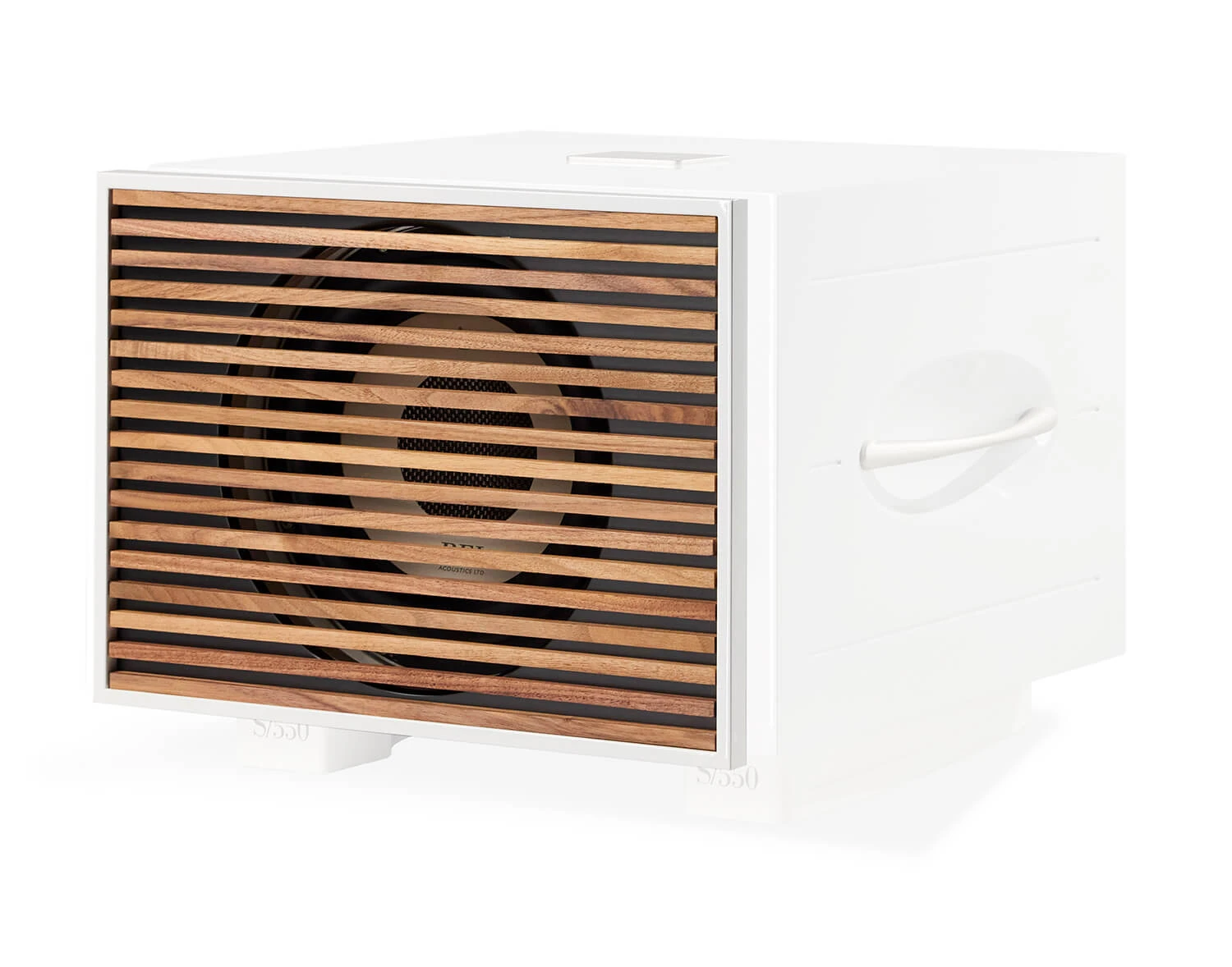 rel-s-550-wood-grille-biela - Enigma High Fidelity Audio White rectangular air vent with wooden horizontal slats and a visible fan behind.