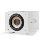 White, cube-shaped subwoofer with a large bronze speaker cone on the front, resting on white S/850 stands.