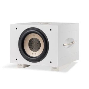 White, cube-shaped subwoofer with a large bronze speaker cone on the front, resting on white S/850 stands.