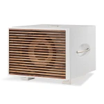 White wall-mounted air conditioner with wooden horizontal slats covering the front fan panel