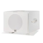 White rectangular safe with a circular door panel and a small crown emblem at the bottom corner, centered on a plain white background.