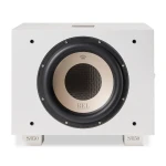 White rectangular speaker with a large circular front driver; REL Acoustics logo on the cone and S/850 labels on the stand readout.