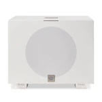 White cube-shaped speaker with a large circular grille on the front and a small crown emblem near the bottom front edge.