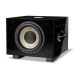 Black glossy subwoofer cabinet with a large front-facing driver and metal center, labeled S/850 on the feet (REL Acoustics)
