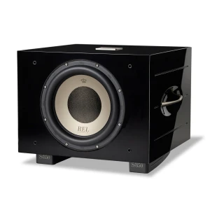 Black glossy subwoofer cabinet with a large front-facing driver and metal center, labeled S/850 on the feet (REL Acoustics)