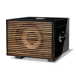 Black speaker cabinet with horizontal wooden slats covering the front and a visible driver behind the grille on a white background