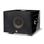 Black rectangular subwoofer with a large circular front driver and glossy side panel; brand emblem visible on the front.