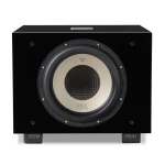 Front view of a black REL subwoofer with a large circular driver and gold center, mounted on black stands labeled S/850.
