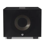 Front view of a black subwoofer with a large circular driver on the front and a small crown logo at the bottom center of the cabinet.