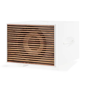 White wall-mounted heater with a wooden slatted front grille and visible fan behind the slats