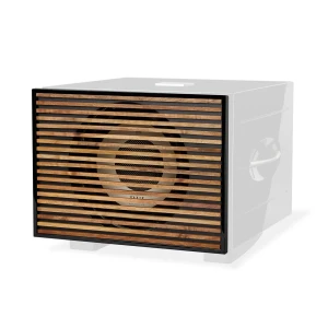 Speaker with a wooden slatted front grill and a visible circular driver inside a white cabinet