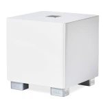White rectangular subwoofer on four small chrome feet with REL branding visible