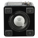 Front view of a REL subwoofer with a large circular driver and four square port/setting blocks on the bezels, glossy black cabinet.