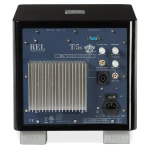 Rear panel of a REL T/5x theater reference subwoofer: blue plate with heatsink, input/output connectors, and power inlet, labeled REL ACOUSTICS LTD