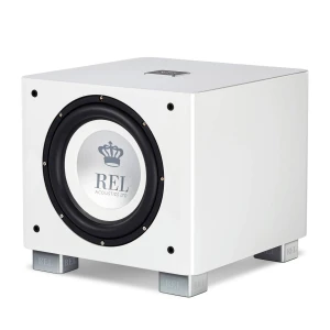 White, cube-shaped subwoofer with a large circular driver and a silver REL logo on the cone, mounted on silver feet
