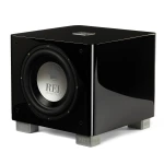 Black glossy subwoofer on silver REL feet, with a silver driver logo visible on the front panel