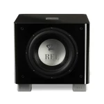 Black subwoofer cabinet with a large circular speaker and silver logo plate reading 'REL Acoustics Ltd' at center.