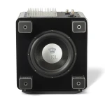 Black high-fidelity subwoofer with a large circular driver and four gray square ports on its corners; REL logo on the center of the cone.