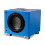 Blue speaker/subwoofer on metal stands with crown logos on feet, close-up view of front driver plate.