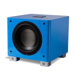 Blue speaker/subwoofer on metal stands with crown logos on feet, close-up view of front driver plate.