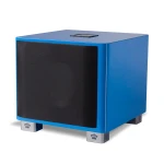 Blue subwoofer with a black grille and silver feet bearing crown logos on each corner base.