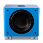 Blue subwoofer with a large black circular speaker in the front and silver feet on a white background.