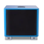 Blue rectangular speaker with a black front grill and silver feet featuring crown emblems.