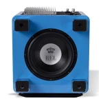 Blue cube speaker with a large black woofer and REL Acoustics LTD logo in the center of the cone; chrome top components visible.