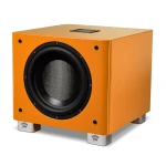 Orange cube-shaped subwoofer with a large circular black driver and chrome feet with crown logos at the base