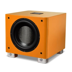 Orange cube-shaped subwoofer with a large circular black driver and chrome feet with crown logos at the base