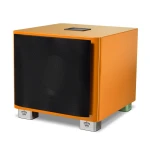 Orange speaker cabinet with a black front grille and silver crown‑decorated feet viewed from the side angle, product shot