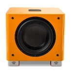 Orange front-facing speaker cabinet with a large black woofer and silver feet bearing crown logos