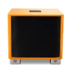 Orange rectangular speaker/subwoofer with a black front panel and metal feet featuring crown logos at the base.