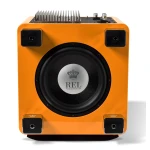 Front view of an orange speaker with a large black woofer and REL Acoustics logo at the center center stage.