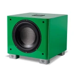 Green rectangular subwoofer with a large black circular driver and metal mesh center, mounted on silver feet with crown logos