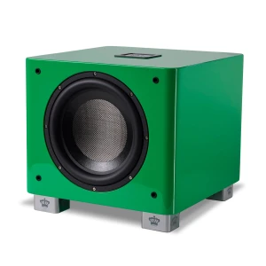 Green rectangular subwoofer with a large black circular driver and metal mesh center, mounted on silver feet with crown logos