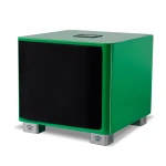 Green cube-shaped speaker with a black front grille and silver crown-marked feet on a white background