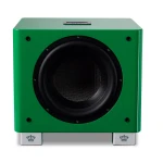 Green rectangular subwoofer with a large black speaker driver and silver feet featuring crown insignias on the bottom corners.