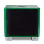 Front view of a large green speaker with a black grille and silver feet featuring crown logos on a white background