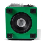 Front view of a bright green speaker cabinet with a large black woofer and REL Acoustics LTD logo in the center