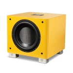 Yellow subwoofer cabinet with a large black front-facing driver, mounted on silver feet with crown logos on a white background close-up.