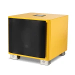 Yellow guitar speaker cabinet with black grille, metal crown-foot bases visible underneath.