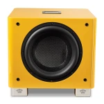 Front view of a bright yellow speaker cabinet with a large black woofer on a white background.