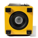 Bright yellow speaker with a large black woofer and REL Acoustics logo in the center of the cone.
